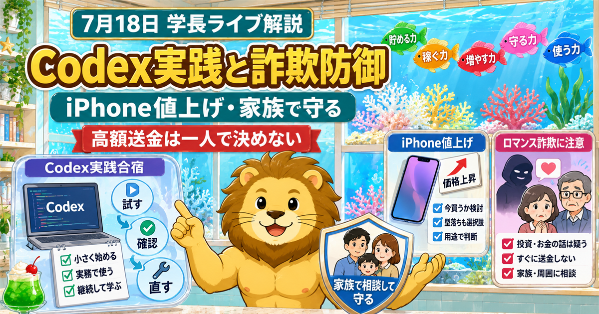 2026年7月18日の両学長ライブ解説｜Codex実践・iPhone値上げ・ロマンス詐欺対策のアイキャッチ画像
