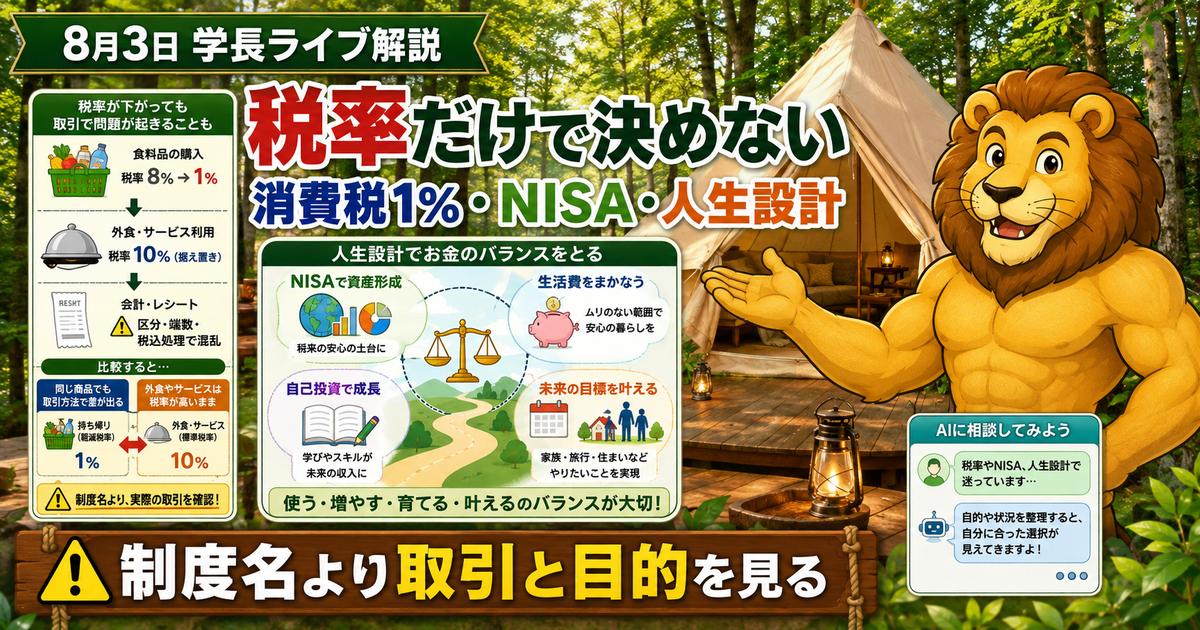 2026年8月3日の両学長ライブ解説｜食料品の税率を考える視点とNISA・人生設計のアイキャッチ画像