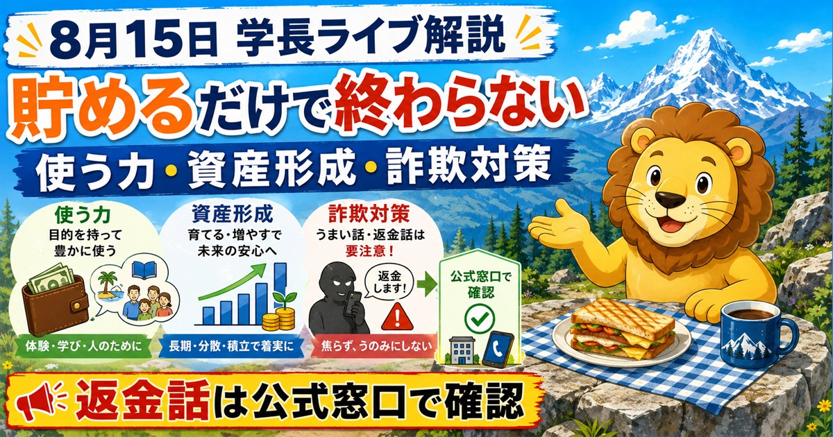 2026年8月15日の両学長ライブ解説｜使いすぎない後悔と被害回復型詐欺の注意点のアイキャッチ画像